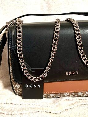 DKNY Black & Brown Leather Chain Shoulder Crossbody